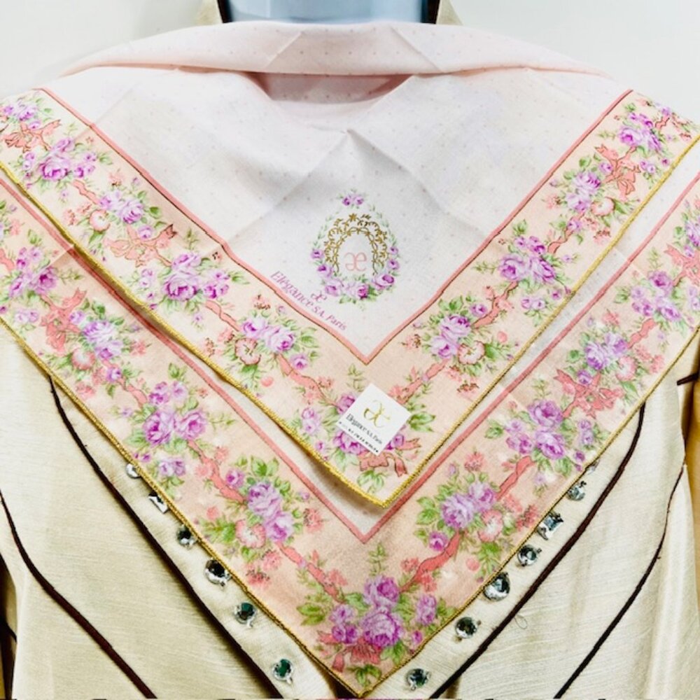 New W/ Box ee Elegance S. A  Paris Handkerchief 19" Cotton light pinkFlora  (21 - Picture 2 of 7